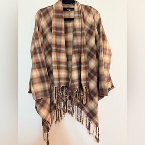 En Creme Checkered Open Fringe Jacket - Brown and Cream